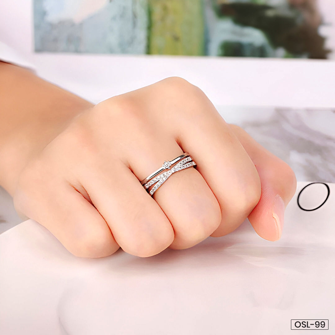 Silver Plated American Diamond Studded Contemporary Korean Finger Ring - OSL-99