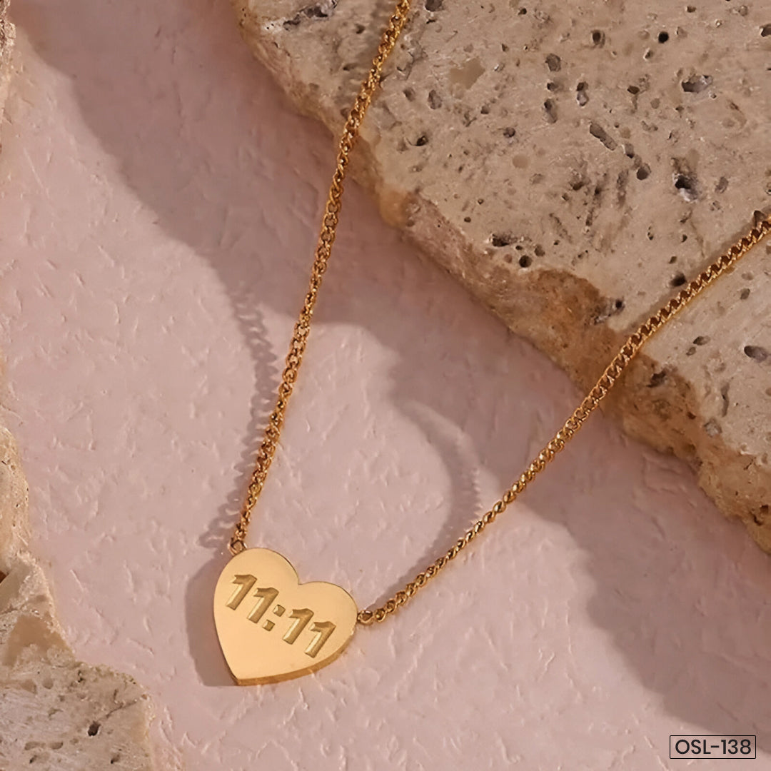 Gold Plated Anti-Tarnish “11:11 Make a Wish” Heart & Angel Pendant Necklace - OSL-138