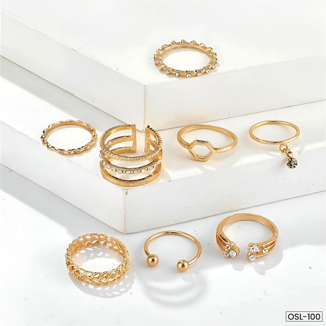Gold Plated Gold-Toned Contemporary Stackable Rings Set of 8 for Women-OSL-100