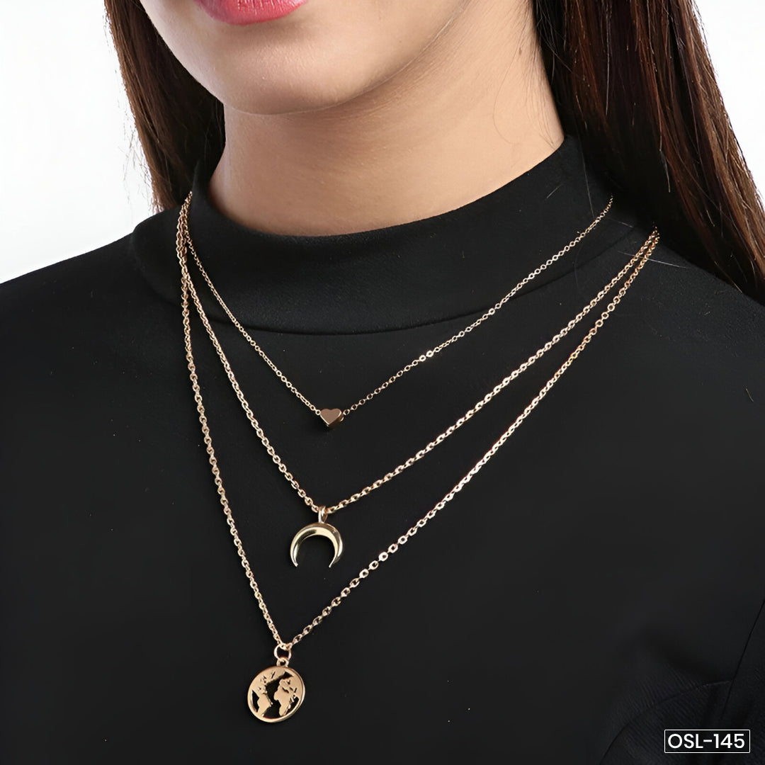 Gold Plated Moon, Star & World Layered Necklace for Women (Anti-Tarnish) - OSL-145