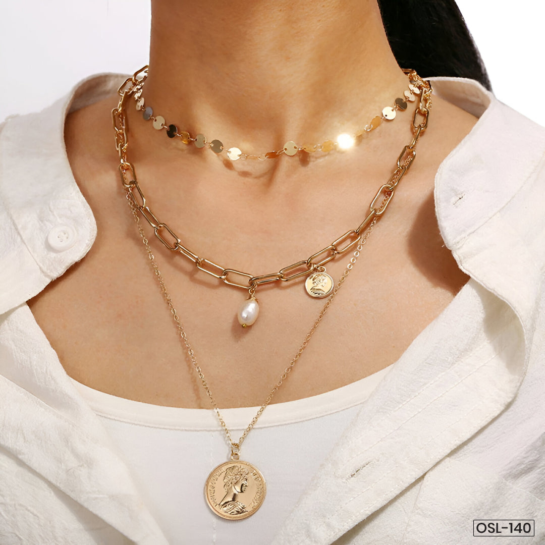 Gold Plated Coin-Inspired Layered Necklace for Women (Anti-Tarnish | Stainless Steel) - OSL-140