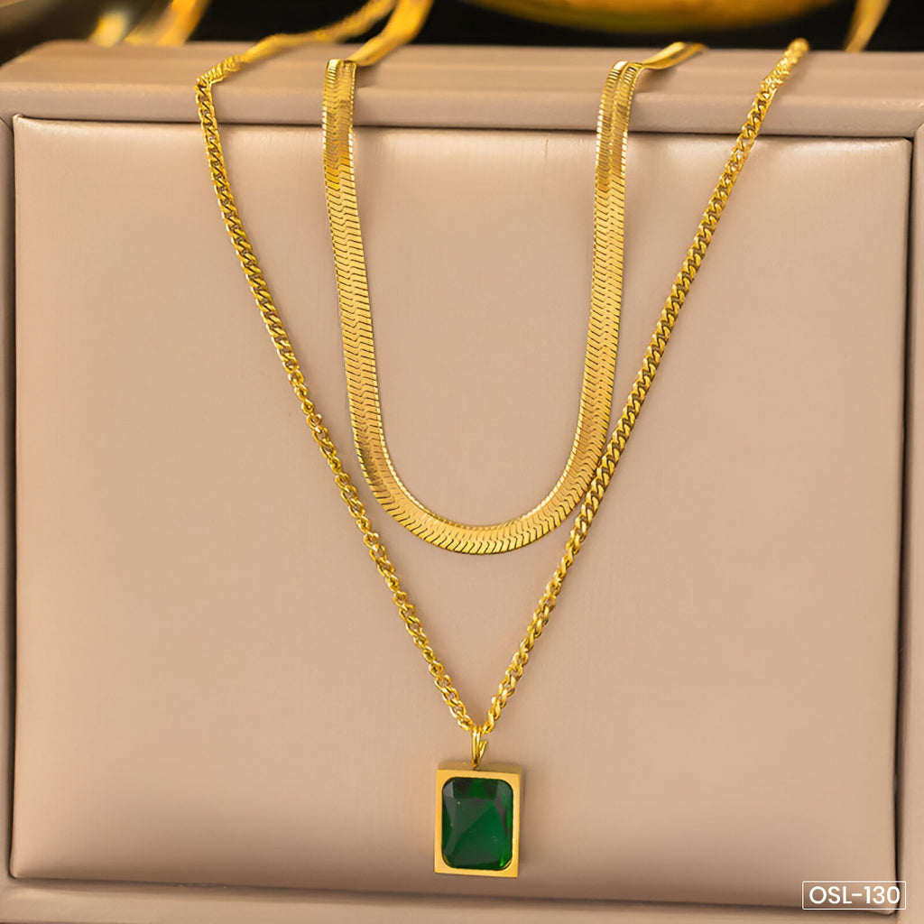 Gold Plated Anti-Tarnish Emerald Green Geometric Layered Necklace - OSL-130