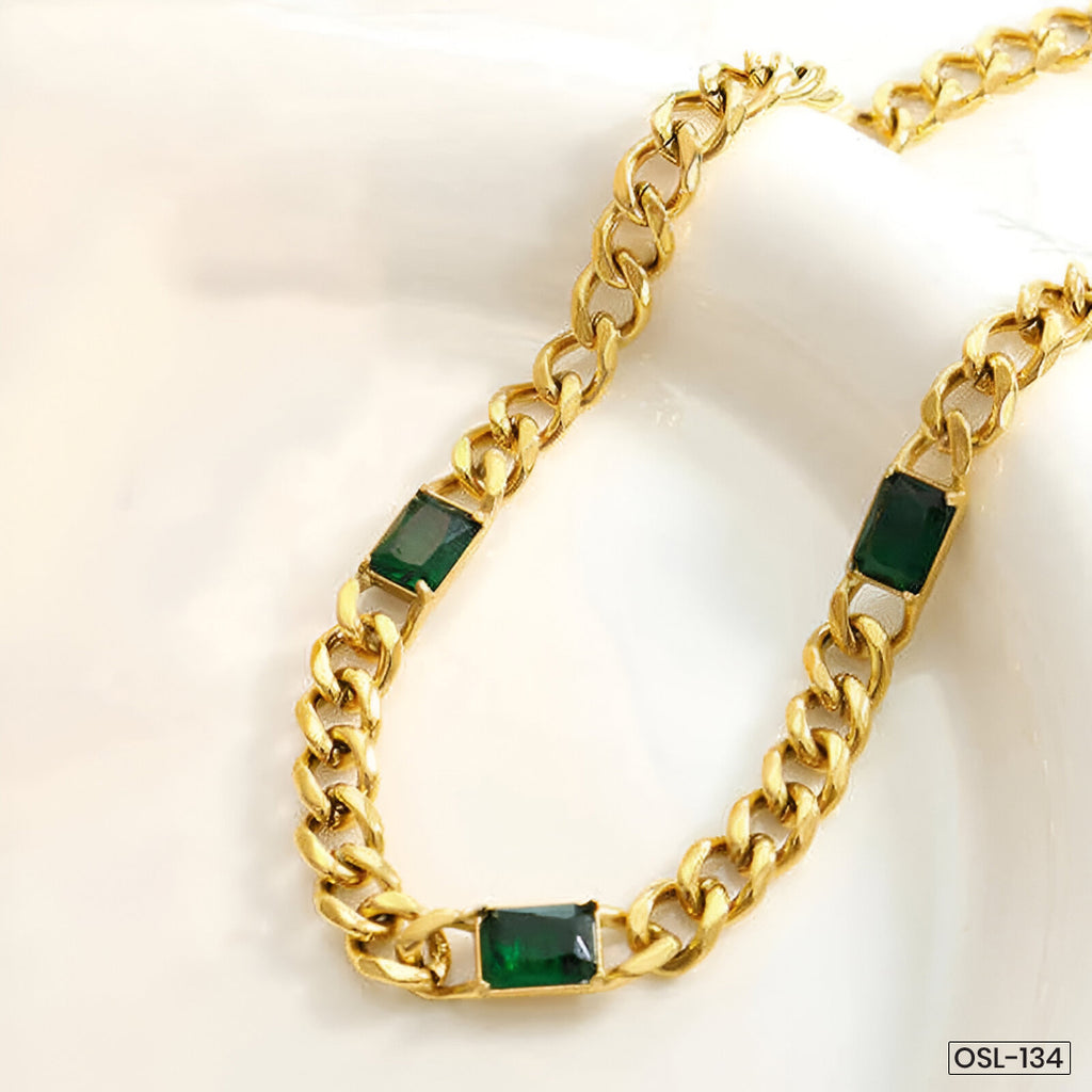 Gold Plated Stainless Steel Anti-Tarnish Cuban Necklace with Green Crystals - OSL-134