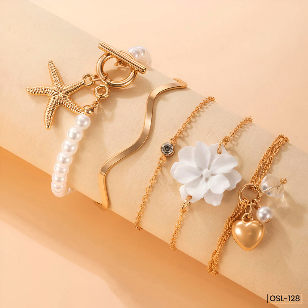 Gold Plated Contemporary Korean Stackable Bracelet Set (Pack of 5) - OSL-128