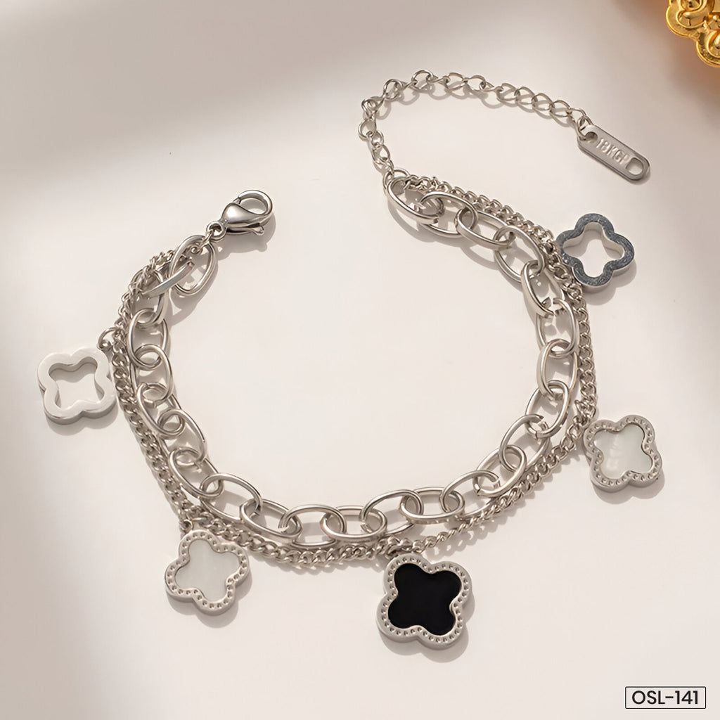 Stainless Steel Silver-Plated Mother of Pearl Clover Wraparound Bracelet (Anti-Tarnish) -OSL-141