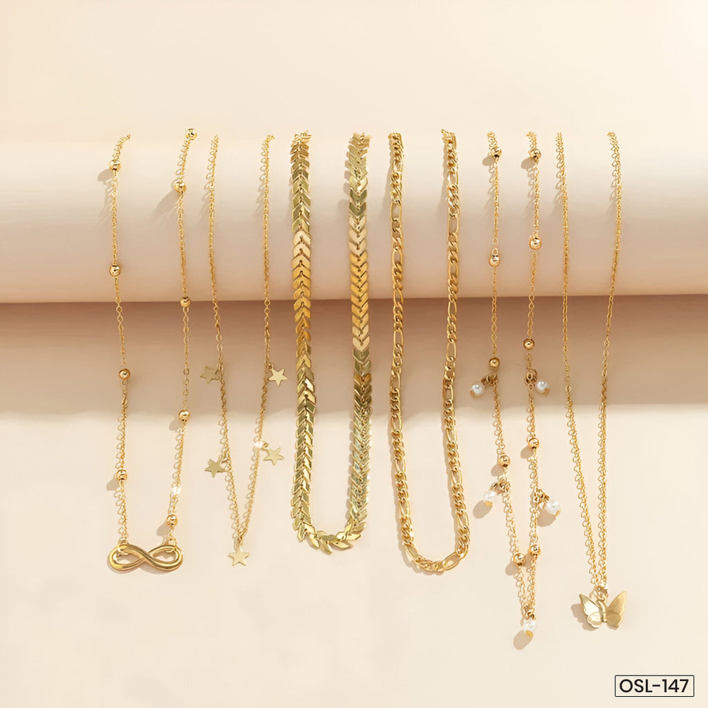 Gold Plated Layered Necklace Set (Pack of 6 | Anti-Tarnish) - OSL-147