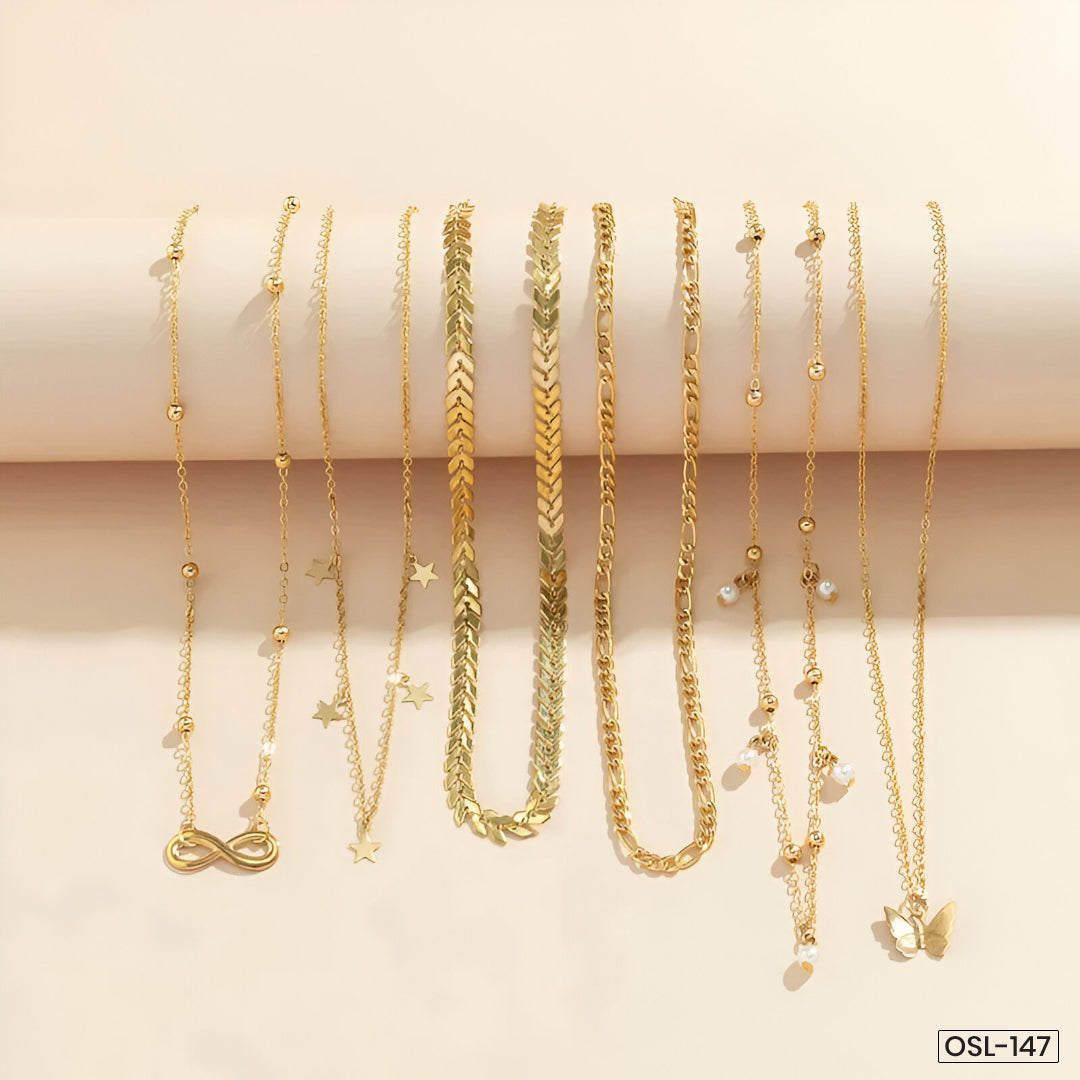Gold Plated Layered Necklace Set (Pack of 6 | Anti-Tarnish) - OSL-147