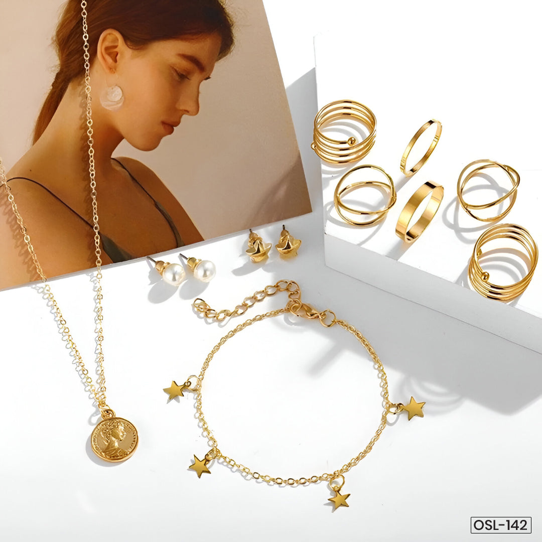 Pearl & Gold-Plated Jewellery Set with Necklace, Earrings, Rings & Bracelet for Women - OSL-142