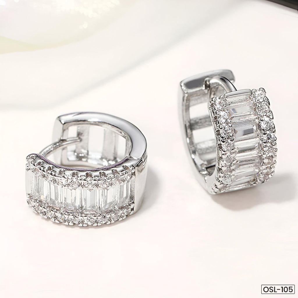 Silver Plated American Diamond Hoop Earrings-OSL105